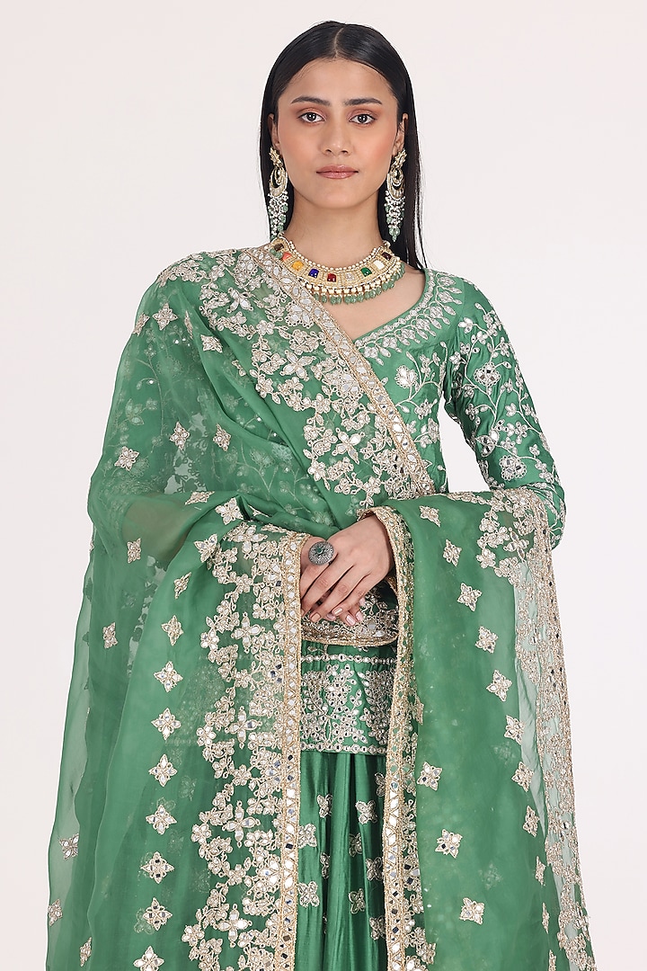 Emerald Green Chanderi Mirror Work Bridal Lehenga Set by Abhinav Mishra at Pernia's Pop Up Shop