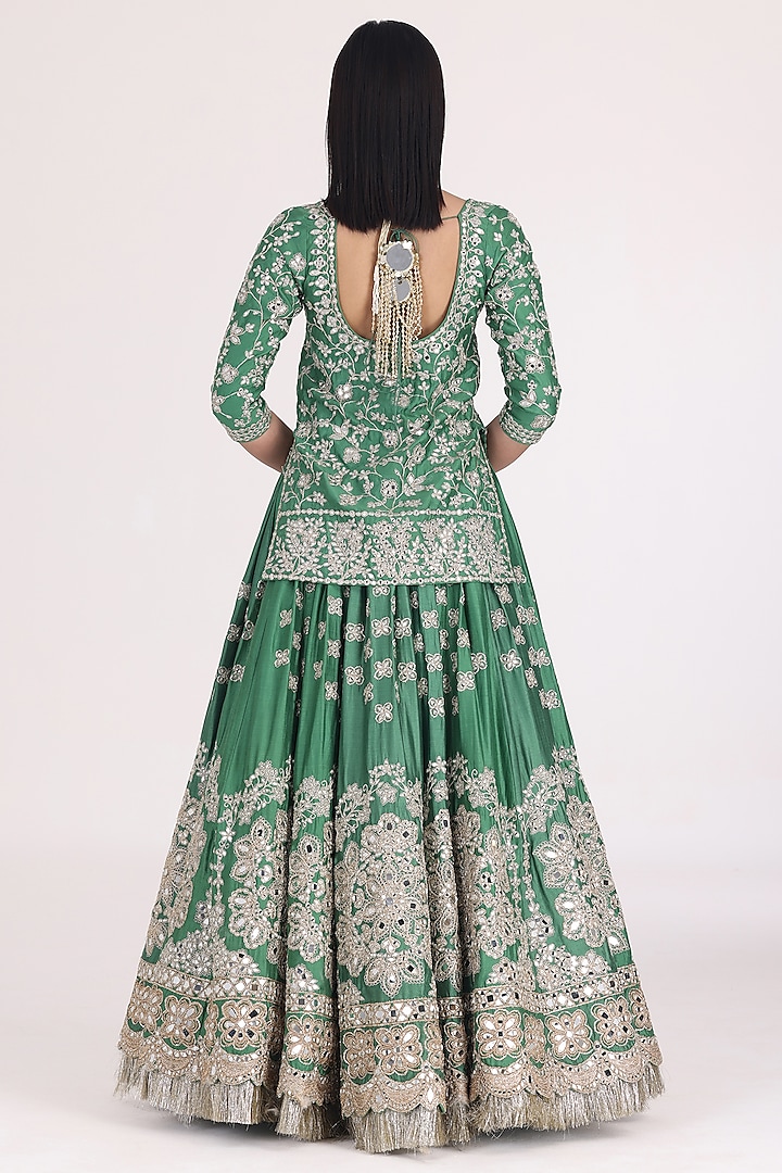 Emerald Green Chanderi Mirror Work Bridal Lehenga Set by Abhinav Mishra at Pernia's Pop Up Shop