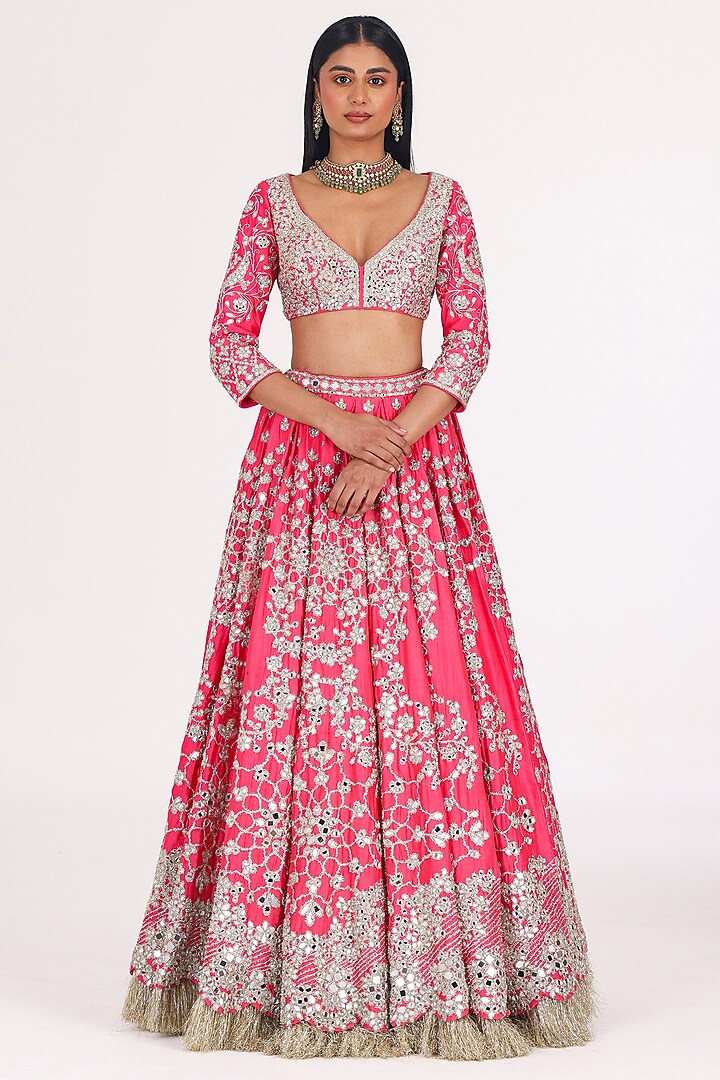 Begum Fuchsia Chanderi Gota & Mirror Embellished Bridal Lehenga Set by Abhinav Mishra at Pernia's Pop Up Shop