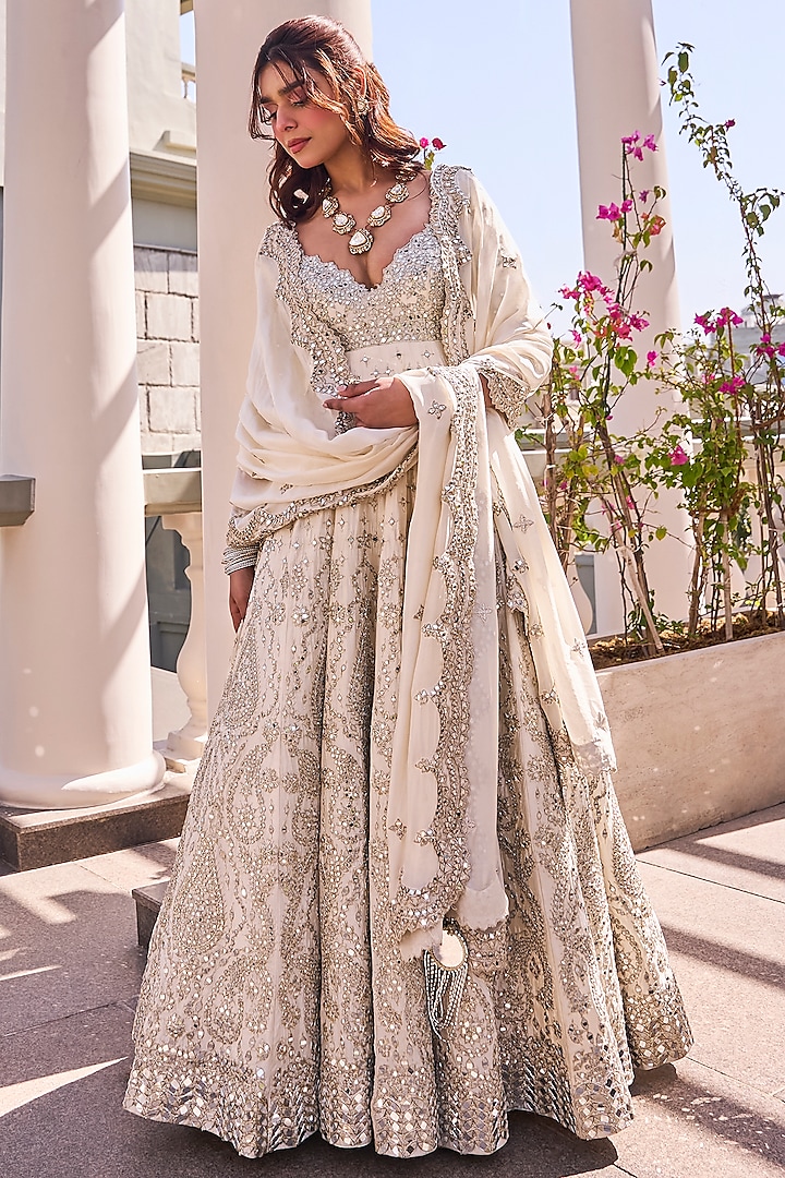 Ivory Chanderi Lurex & Mirror Embroidered Anarkali Set by Abhinav Mishra