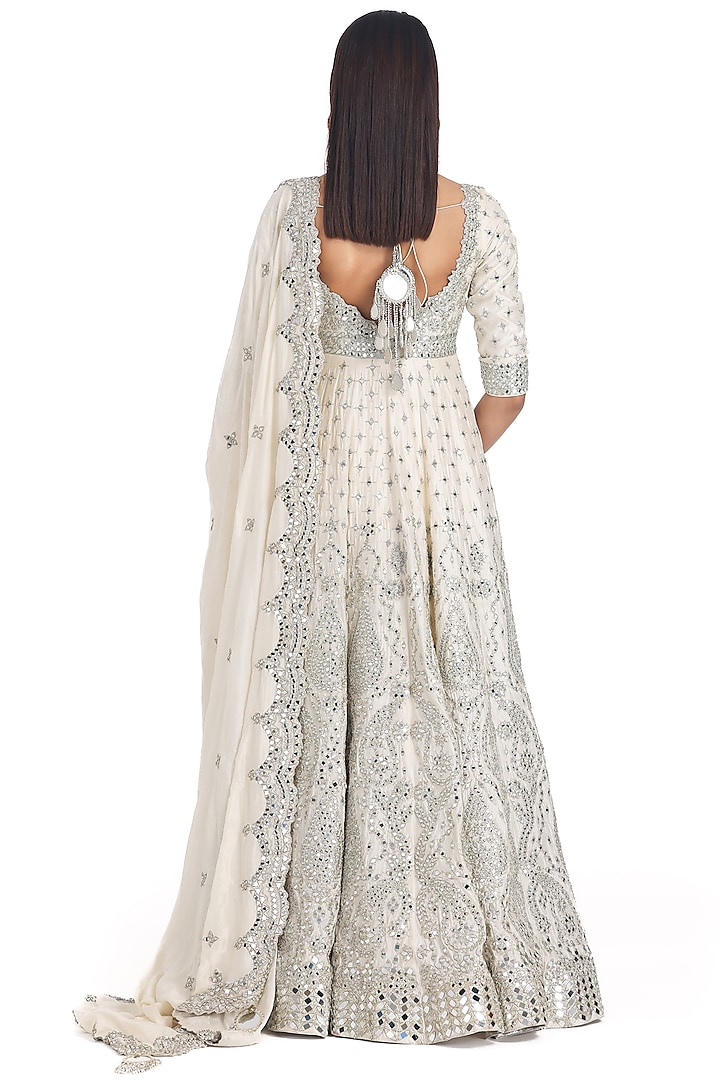 Ivory Chanderi Lurex & Mirror Embroidered Bridal Anarkali Set by Abhinav Mishra at Pernia's Pop Up Shop