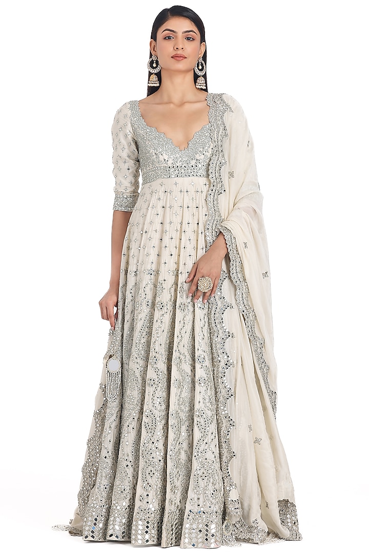 Ivory Chanderi Lurex & Mirror Embroidered Bridal Anarkali Set by Abhinav Mishra at Pernia's Pop Up Shop