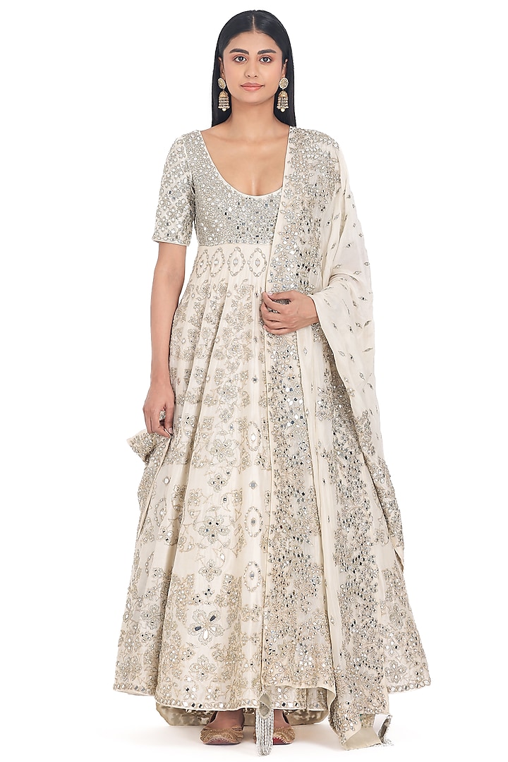 Ivory Chanderi Lurex & Mirror Embroidered Anarkali Set by Abhinav Mishra at Pernia's Pop Up Shop