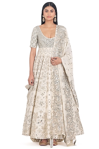 Ivory Chanderi Lurex & Mirror Embroidered Anarkali Set by Abhinav Mishra