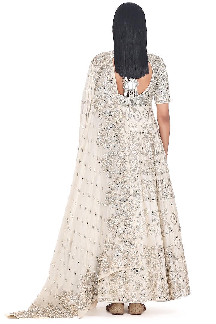 Ivory Chanderi Lurex & Mirror Embroidered Bridal Anarkali Set by Abhinav Mishra at Pernia's Pop Up Shop