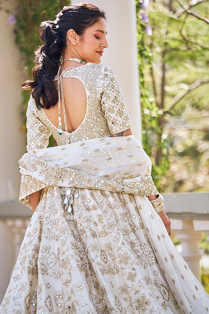 Ivory Chanderi Lurex & Mirror Embroidered Bridal Anarkali Set by Abhinav Mishra at Pernia's Pop Up Shop