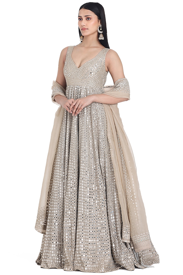 Moon Grey Chanderi Applique & Mirror Embroidered Anarkali Set by Abhinav Mishra at Pernia's Pop Up Shop