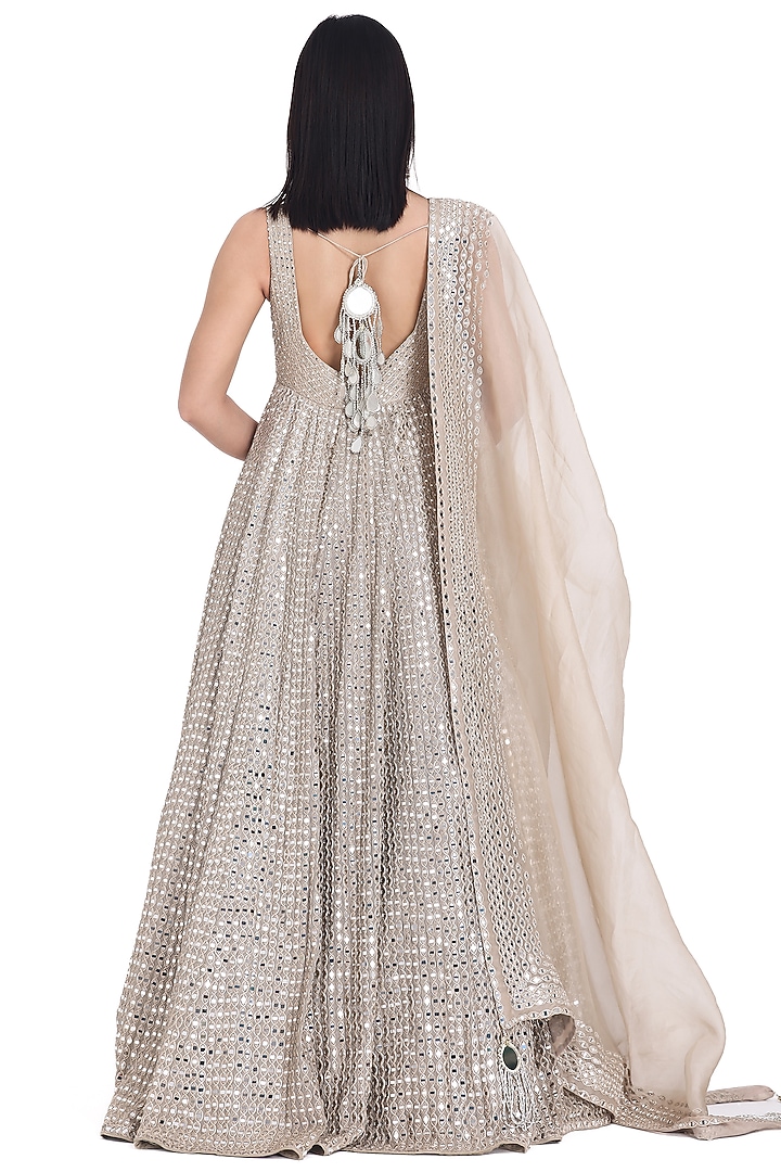 Moon Grey Chanderi Applique & Mirror Embroidered Bridal Anarkali Set by Abhinav Mishra at Pernia's Pop Up Shop