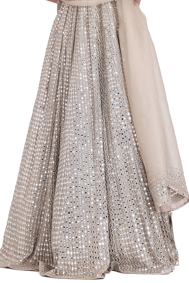 Moon Grey Chanderi Applique & Mirror Embroidered Bridal Anarkali Set by Abhinav Mishra at Pernia's Pop Up Shop