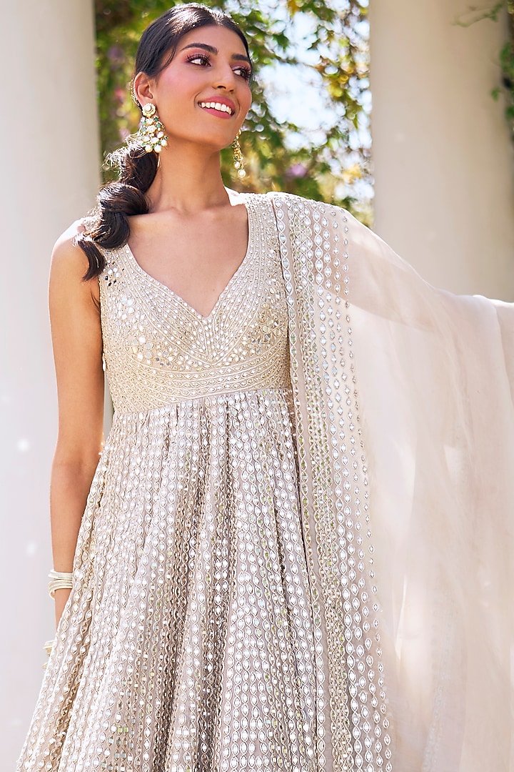 Moon Grey Chanderi Applique & Mirror Embroidered Bridal Anarkali Set by Abhinav Mishra at Pernia's Pop Up Shop