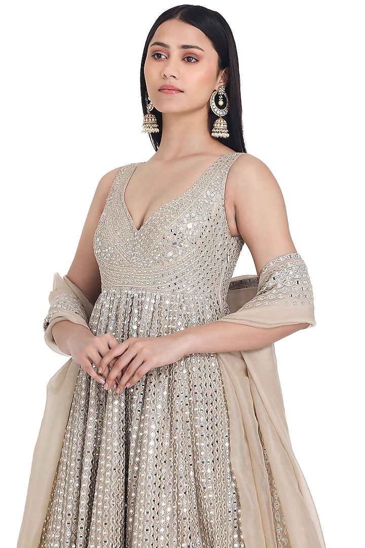 Moon Grey Chanderi Applique & Mirror Embroidered Bridal Anarkali Set by Abhinav Mishra at Pernia's Pop Up Shop