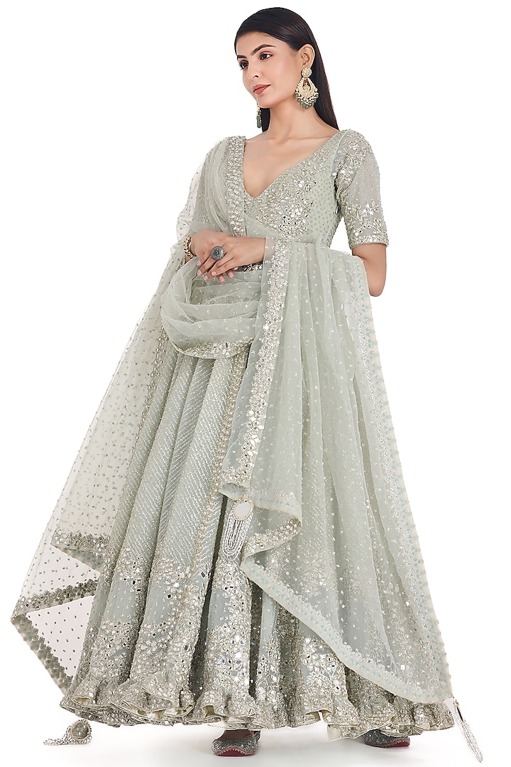 Grass Green Net Lurex & Mirror Embroidered Anarkali Set by Abhinav Mishra