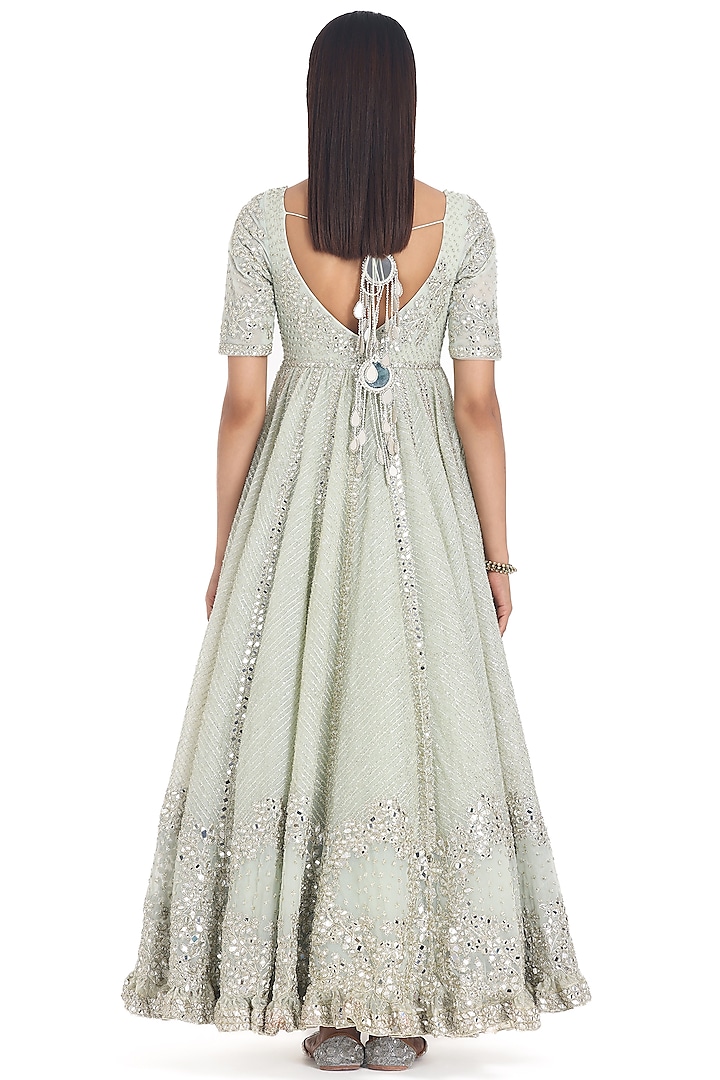 Grass Green Net Lurex & Mirror Embroidered Bridal Anarkali Set by Abhinav Mishra at Pernia's Pop Up Shop