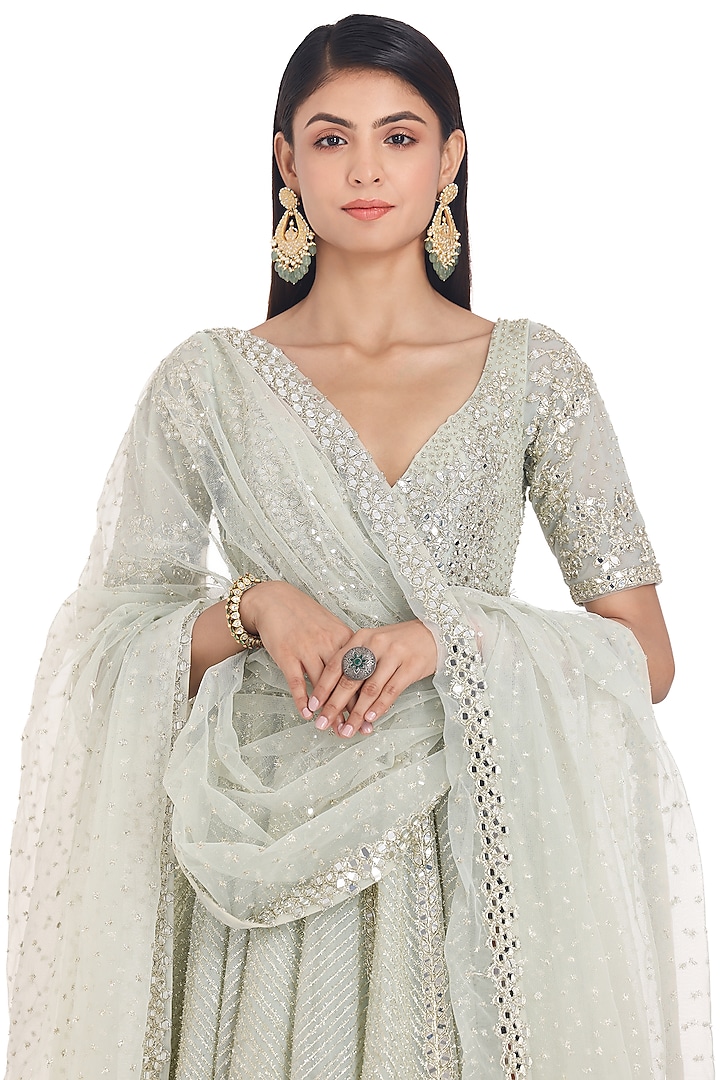 Grass Green Net Lurex & Mirror Embroidered Bridal Anarkali Set by Abhinav Mishra at Pernia's Pop Up Shop