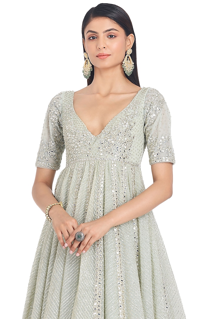 Grass Green Net Lurex & Mirror Embroidered Bridal Anarkali Set by Abhinav Mishra at Pernia's Pop Up Shop
