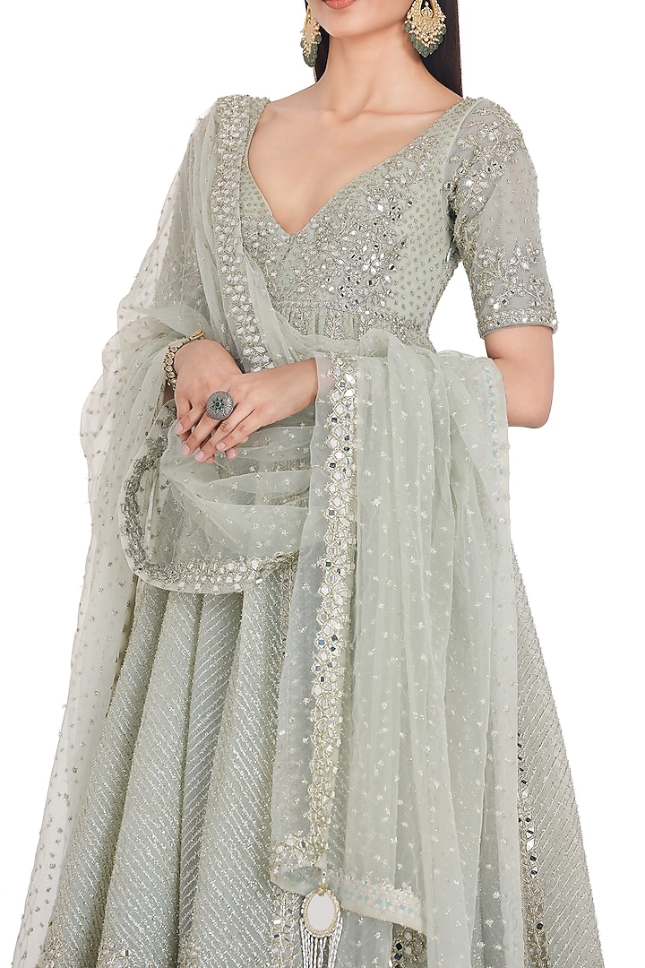 Grass Green Net Lurex & Mirror Embroidered Bridal Anarkali Set by Abhinav Mishra at Pernia's Pop Up Shop