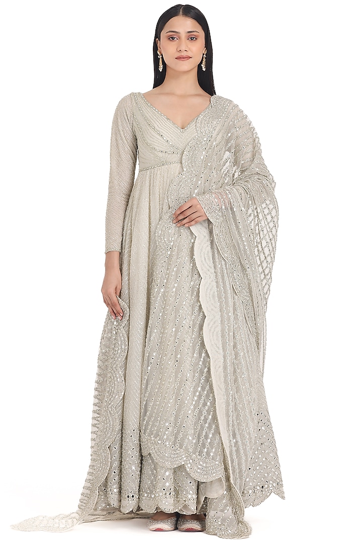 Ivory Net Lurex & Mirror Embroidered Anarkali Set by Abhinav Mishra at Pernia's Pop Up Shop