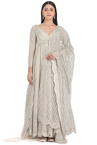 Ivory Net Lurex & Mirror Embroidered Anarkali Set by Abhinav Mishra