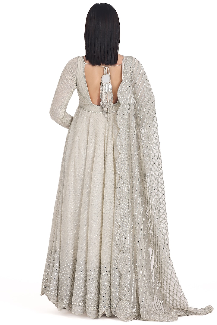 Ivory Net Lurex & Mirror Embroidered Bridal Anarkali Set by Abhinav Mishra at Pernia's Pop Up Shop