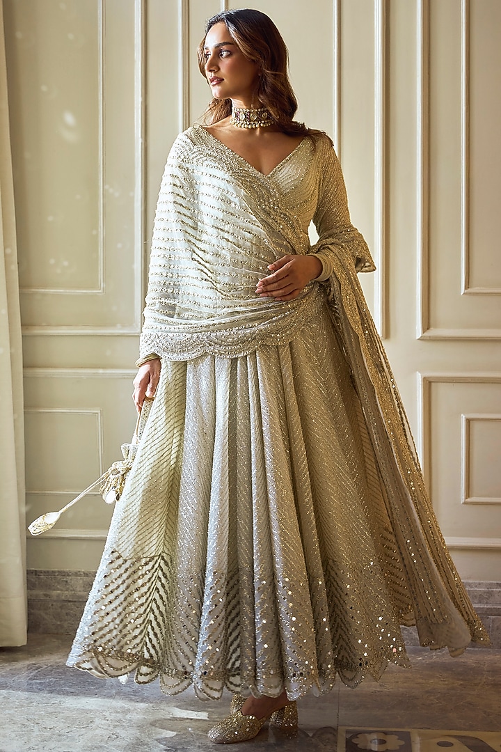 Ivory Net Lurex & Mirror Embroidered Bridal Anarkali Set by Abhinav Mishra at Pernia's Pop Up Shop
