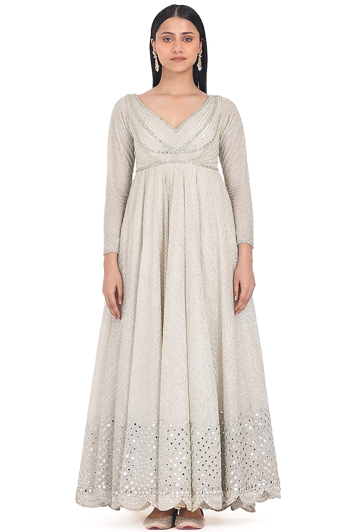 Ivory Net Lurex & Mirror Embroidered Bridal Anarkali Set by Abhinav Mishra at Pernia's Pop Up Shop