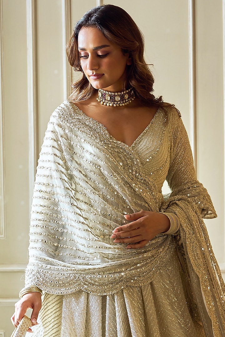 Ivory Net Lurex & Mirror Embroidered Bridal Anarkali Set by Abhinav Mishra at Pernia's Pop Up Shop
