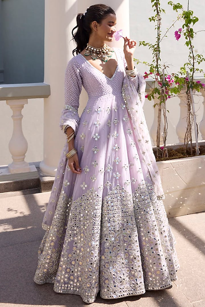 Lilac Net Mirror Embroidered Anarkali Set by Abhinav Mishra at Pernia's Pop Up Shop