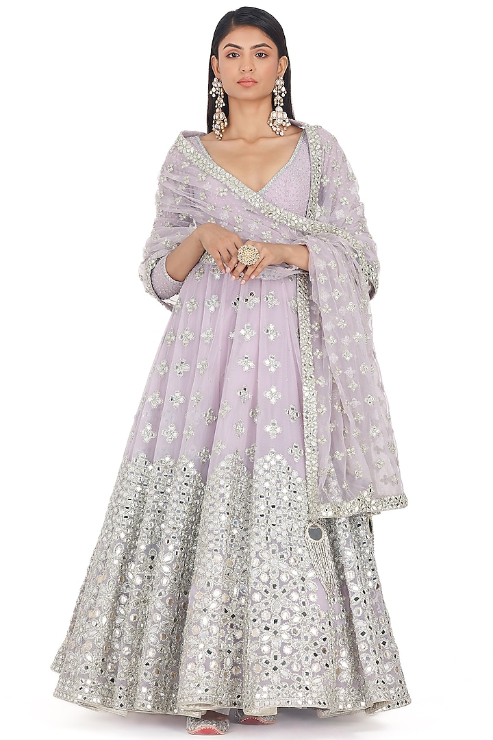 Lilac Net Mirror Embroidered Bridal Anarkali Set by Abhinav Mishra at Pernia's Pop Up Shop