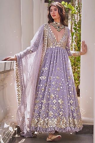 Martini Lilac Mirror Embroidered Anarkali Set by Abhinav Mishra