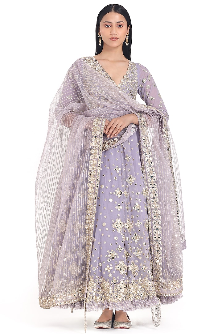 Martini Lilac Mirror Embroidered Bridal Anarkali Set by Abhinav Mishra at Pernia's Pop Up Shop