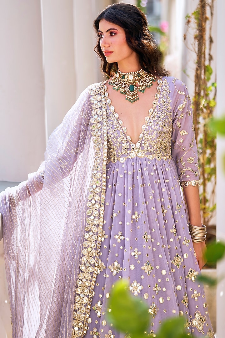 Martini Lilac Mirror Embroidered Bridal Anarkali Set by Abhinav Mishra at Pernia's Pop Up Shop