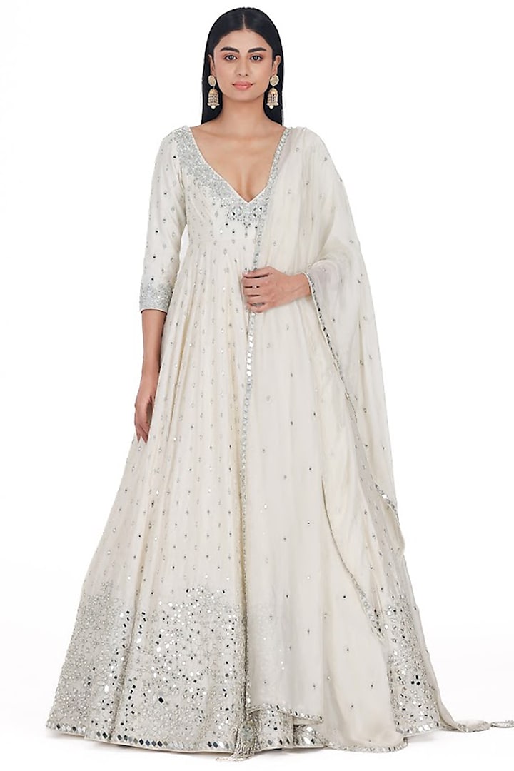 Ivory Chanderi Zari & Mirror Embroidered Anarkali Set by Abhinav Mishra at Pernia's Pop Up Shop