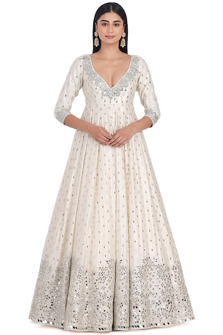 Ivory Chanderi Zari & Mirror Embroidered Bridal Anarkali Set by Abhinav Mishra at Pernia's Pop Up Shop