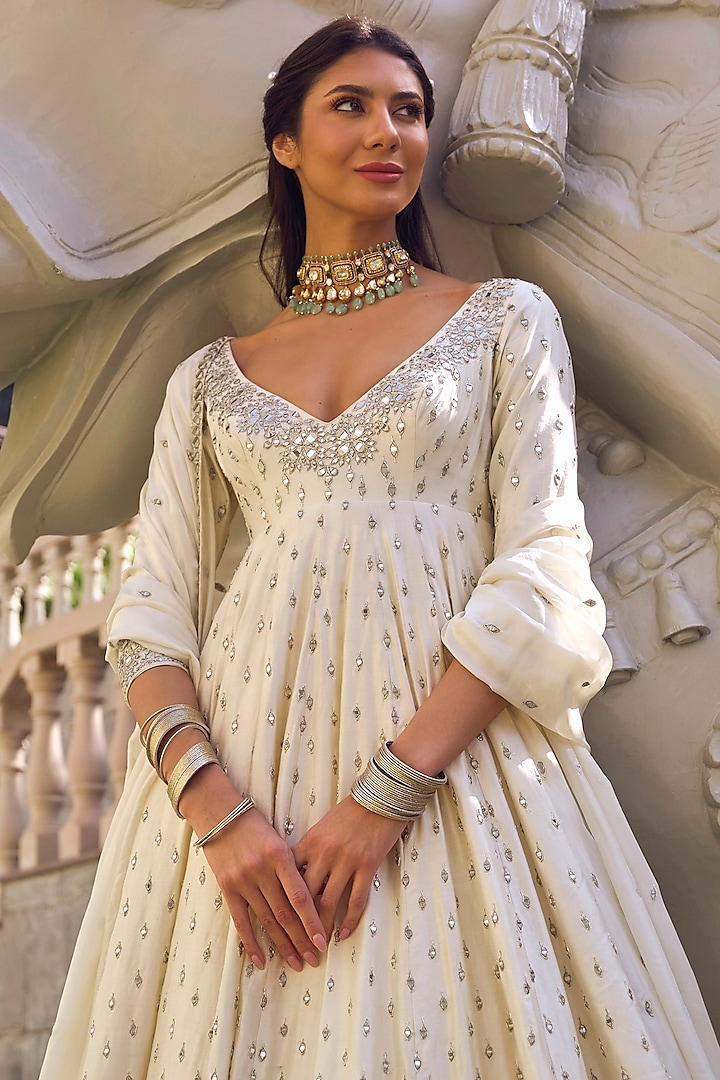 Ivory Chanderi Zari & Mirror Embroidered Bridal Anarkali Set by Abhinav Mishra at Pernia's Pop Up Shop