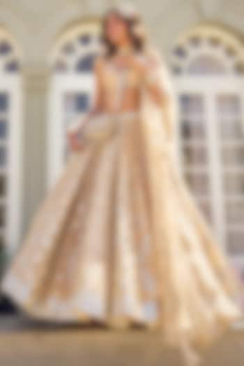 Blush Beige Net Lurex & Mirror Embroidered Bridal Lehenga Set by Abhinav Mishra at Pernia's Pop Up Shop