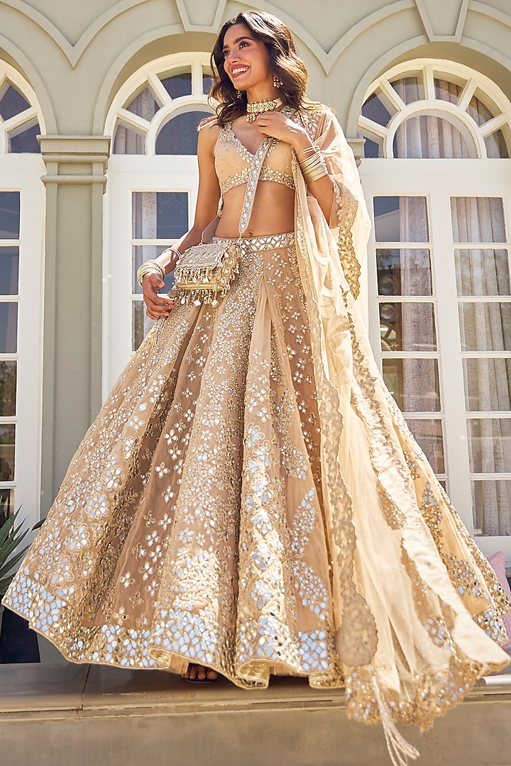 Blush Beige Net Lurex & Mirror Embroidered Bridal Lehenga Set by Abhinav Mishra at Pernia's Pop Up Shop