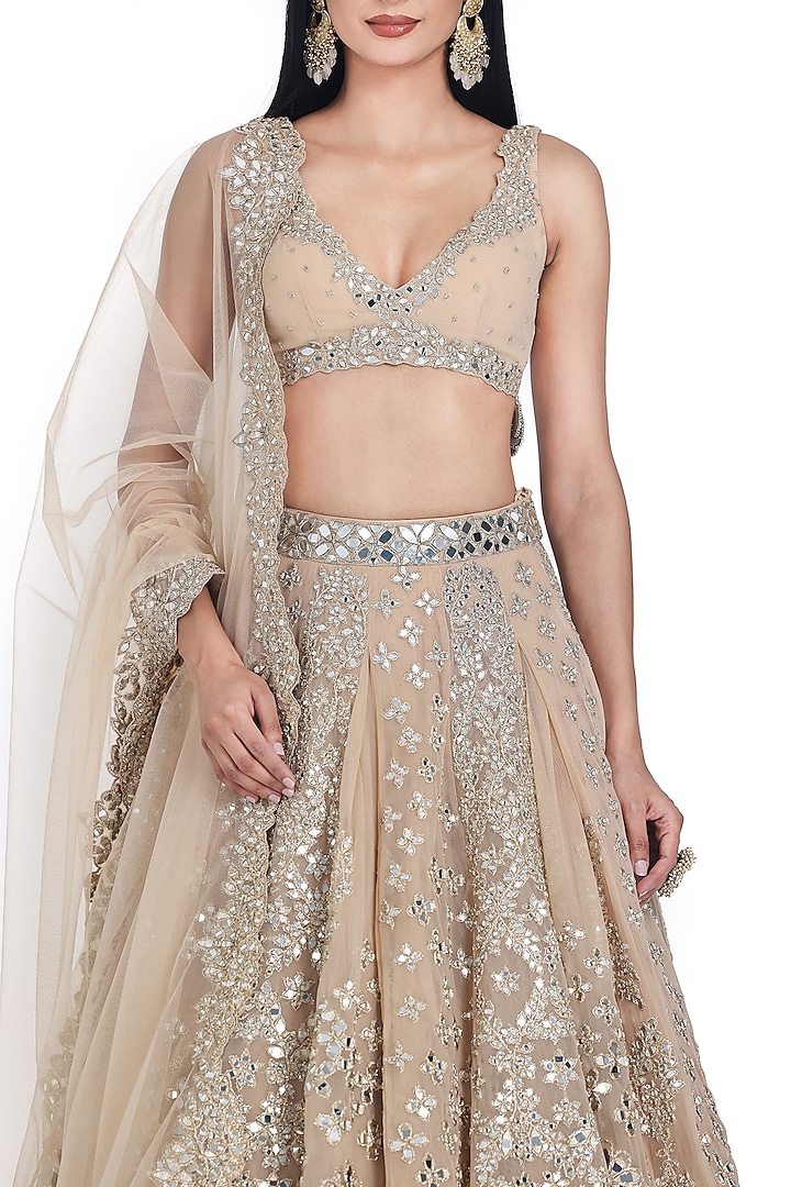 Blush Beige Net Lurex & Mirror Embroidered Bridal Lehenga Set by Abhinav Mishra at Pernia's Pop Up Shop