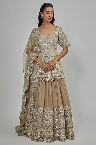 Moon Grey Organza Lehenga Set by Abhinav Mishra