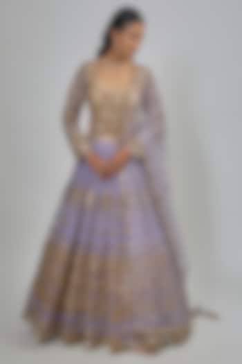 Lilac Net Mirror Embroidered Bridal Lehenga Set by Abhinav Mishra at Pernia's Pop Up Shop