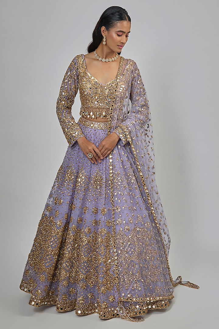 Lilac Net Mirror Embroidered Bridal Lehenga Set by Abhinav Mishra at Pernia's Pop Up Shop