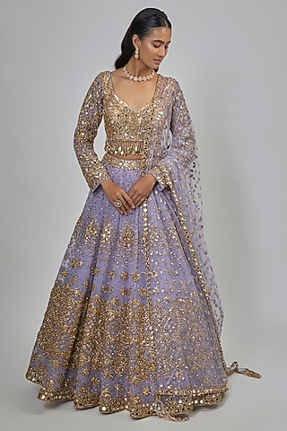 Lilac Net Mirror Embroidered Lehenga Set by Abhinav Mishra
