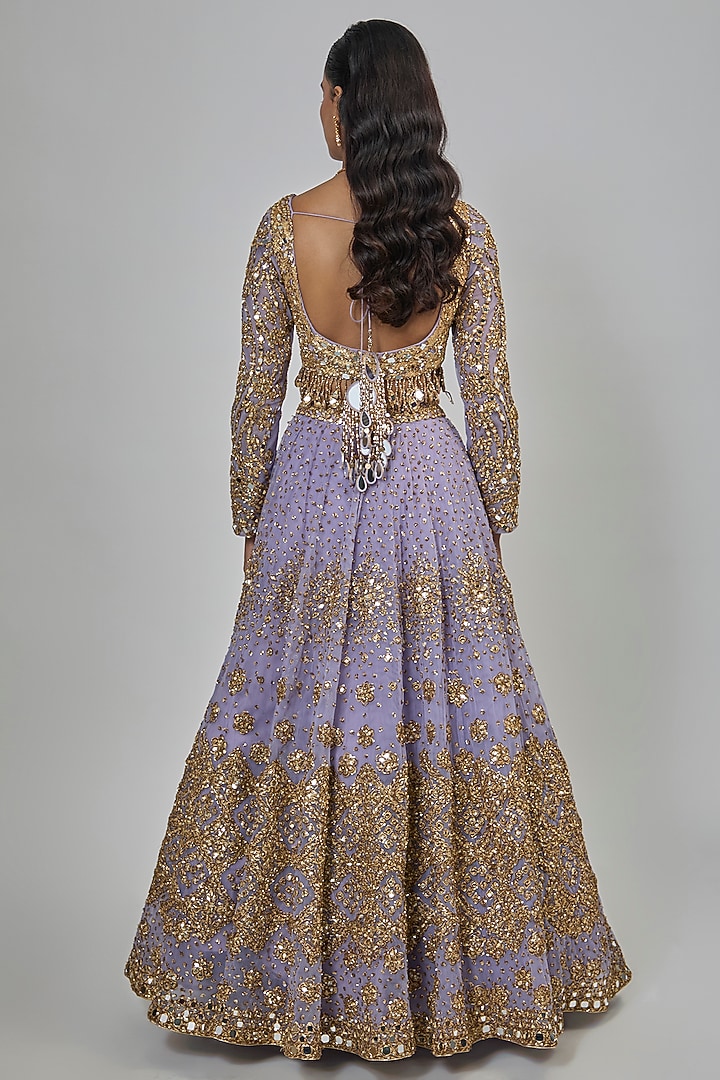 Lilac Net Mirror Embroidered Bridal Lehenga Set by Abhinav Mishra at Pernia's Pop Up Shop