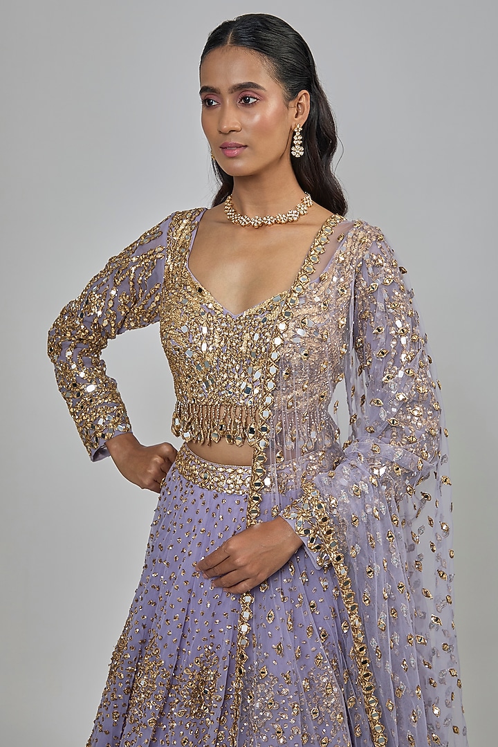 Lilac Net Mirror Embroidered Bridal Lehenga Set by Abhinav Mishra at Pernia's Pop Up Shop
