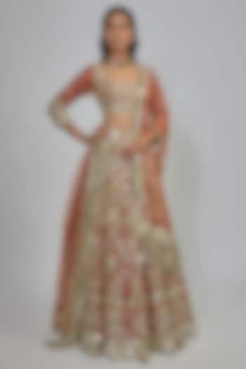 Rust Orange Net Sequins Embroidered Bridal Lehenga Set by Abhinav Mishra at Pernia's Pop Up Shop
