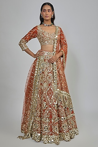 Rust Orange Net Sequins Embroidered Lehenga Set by Abhinav Mishra