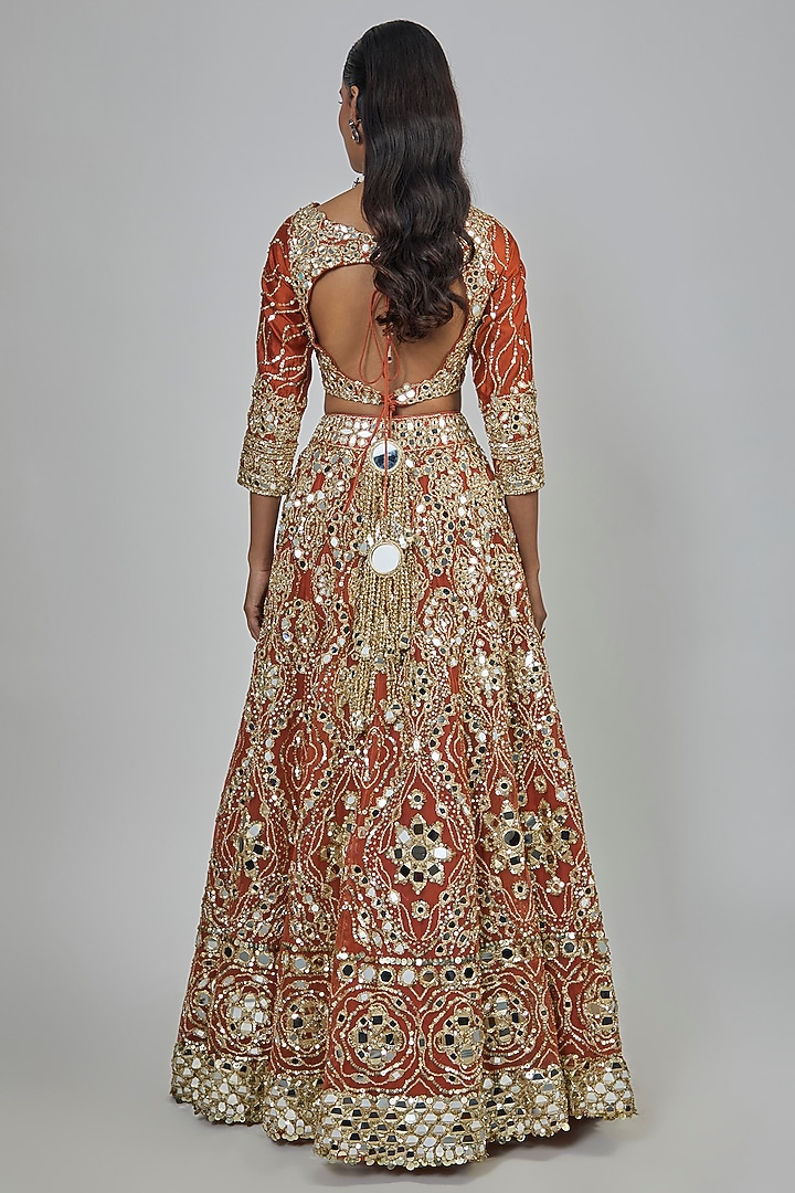 Rust Orange Net Sequins Embroidered Bridal Lehenga Set by Abhinav Mishra at Pernia's Pop Up Shop