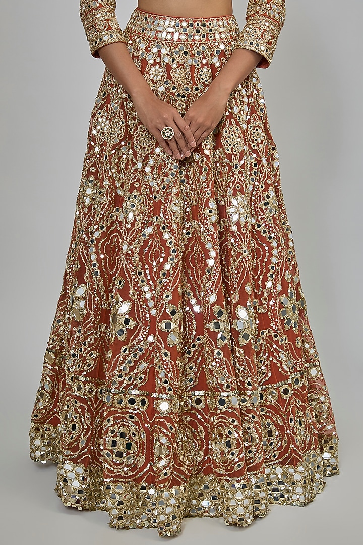 Rust Orange Net Sequins Embroidered Bridal Lehenga Set by Abhinav Mishra at Pernia's Pop Up Shop