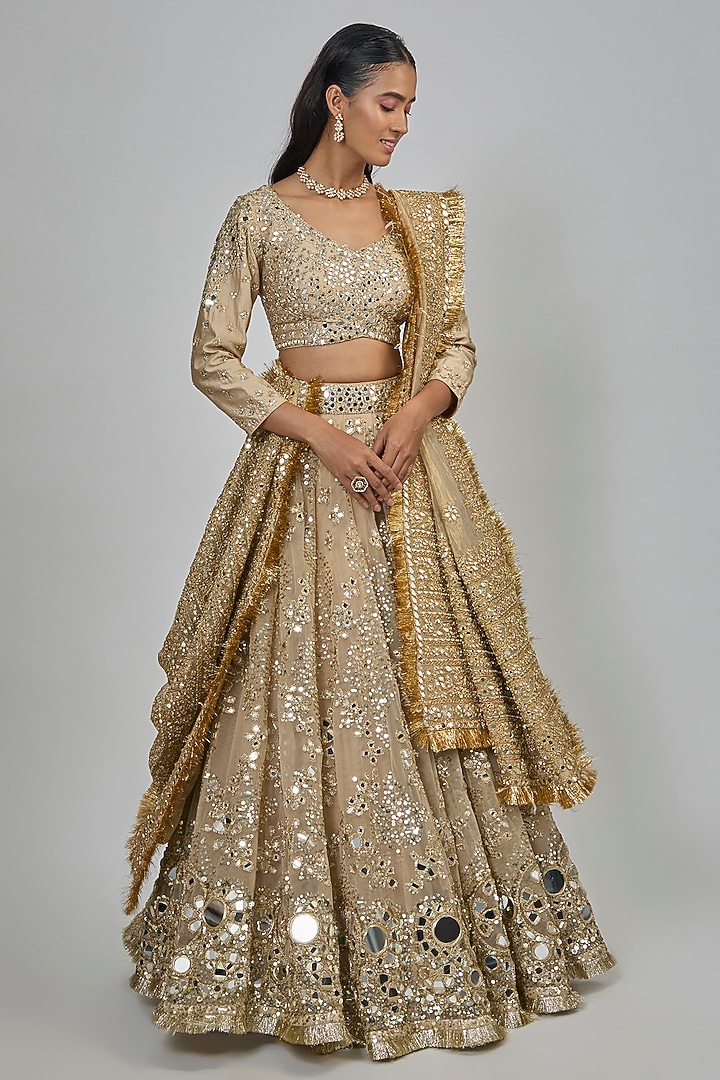 Gold Net Sequins Embroidered Bridal Lehenga Set by Abhinav Mishra at Pernia's Pop Up Shop
