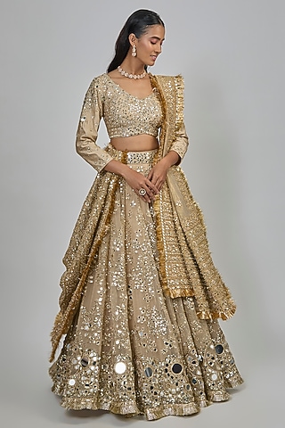 Gold Net Sequins Embroidered Lehenga Set by Abhinav Mishra