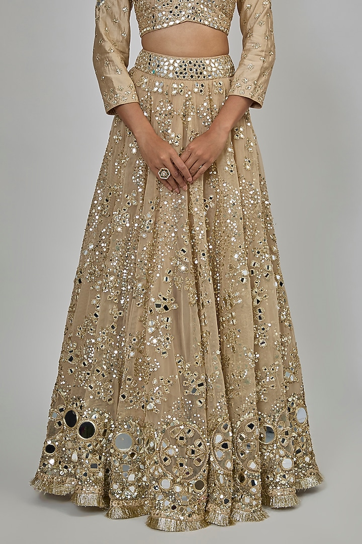 Gold Net Sequins Embroidered Bridal Lehenga Set by Abhinav Mishra at Pernia's Pop Up Shop